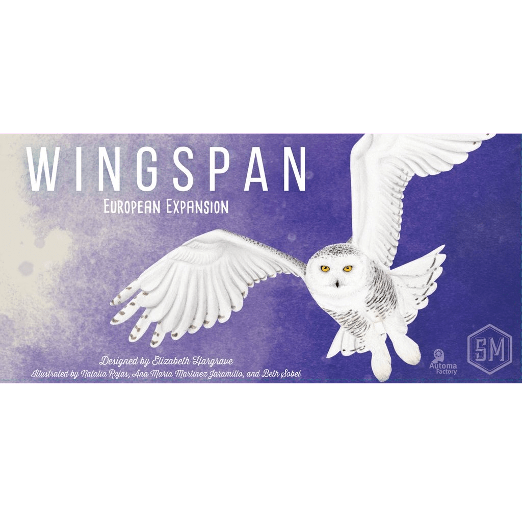 The box cover for Stonemaier Games’ Wingspan European Expansion features a flying white owl with yellow eyes on a purple background, with the title and credits in white above and below the elegant bird.