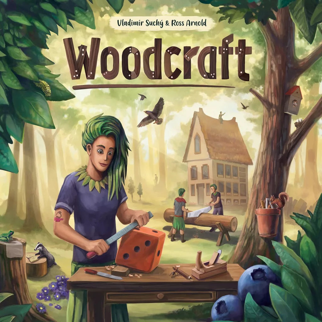 A green-haired person carves a giant wooden die outdoors, with others working at tables in a forest near a cottage, birds, and animals—reflecting the creativity of Woodcraft by Delicious Games. The title “Woodcraft” and creators’ names appear above.