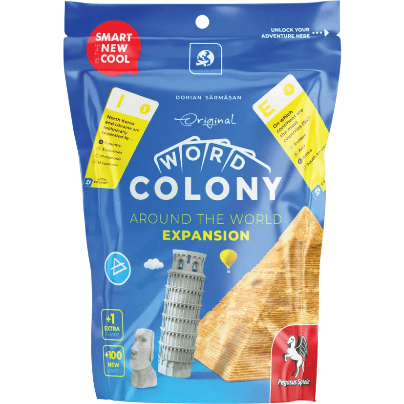 A blue resealable bag of the Word Colony Bundle by Pegasus Spiele features images of the Leaning Tower of Pisa, a Moai statue, and a pyramid, along with cards and travel-themed graphics on the packaging.