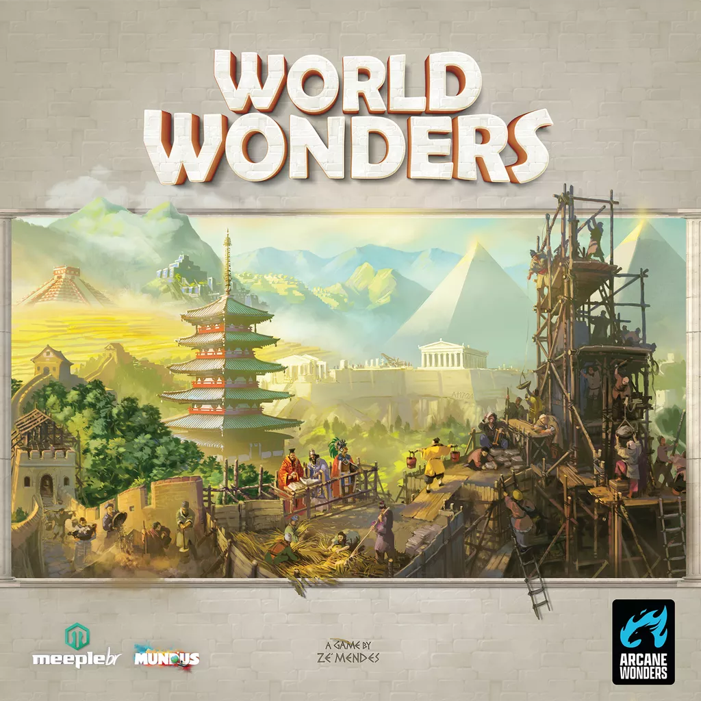 A vibrant illustration of historical landmarks and workers constructing buildings captures the excitement of city building in World Wonders by Arcane Wonders. The game title is at the top, with logos and credits below.