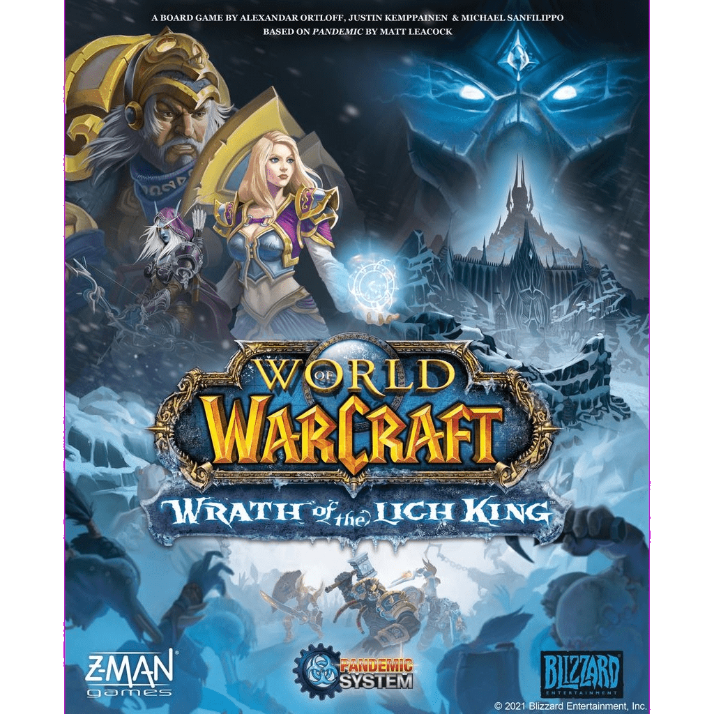 Box cover art for World of Warcraft: Wrath of the Lich King by Z-Man Games shows armored heroes, a sorceress, and the Lich King with his icy sword before a dark fortress. The Pandemic System logo and game titles appear at the bottom.