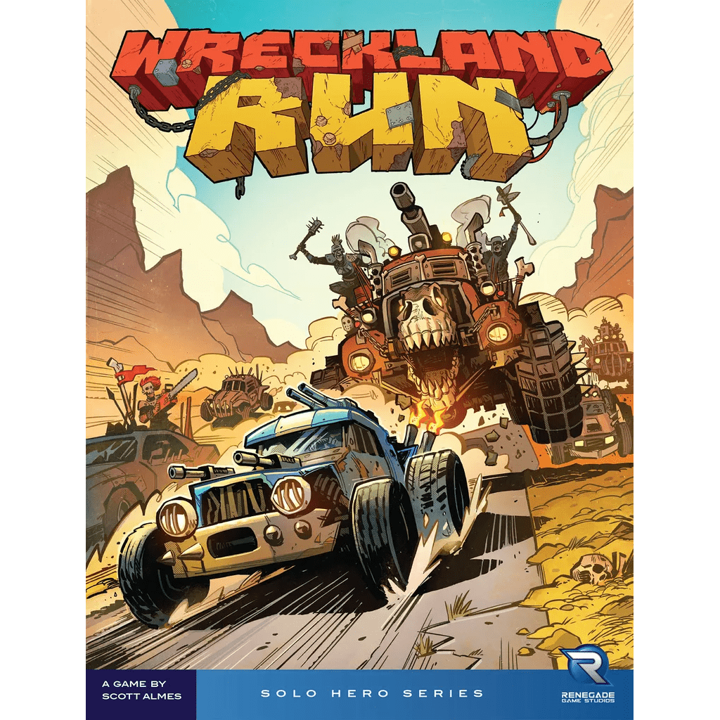 Comic-style cover art for Wreckland Run by Renegade Game Studios shows armored cars racing and battling with explosions in a desert. A giant spiked vehicle with a skull grill looms behind a blue car. The game title is in bold at the top.