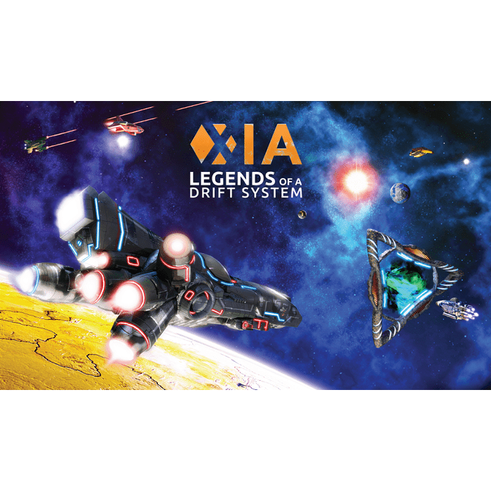 A spaceship soars above a yellow planet with other ships in a vibrant scene from the Xia: Legends of a Drift System Bundle by Far Off Games. Text reads “Xia: Legends of a Drift System Bundle.”.