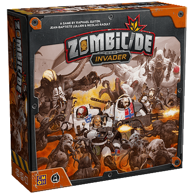 The Zombicide: Invader box by Cool Mini Or Not shows armored astronauts battling alien zombies in a frantic, cooperative sci-fi scene, with the "Zombicide: Invader" title featured prominently at the top.
