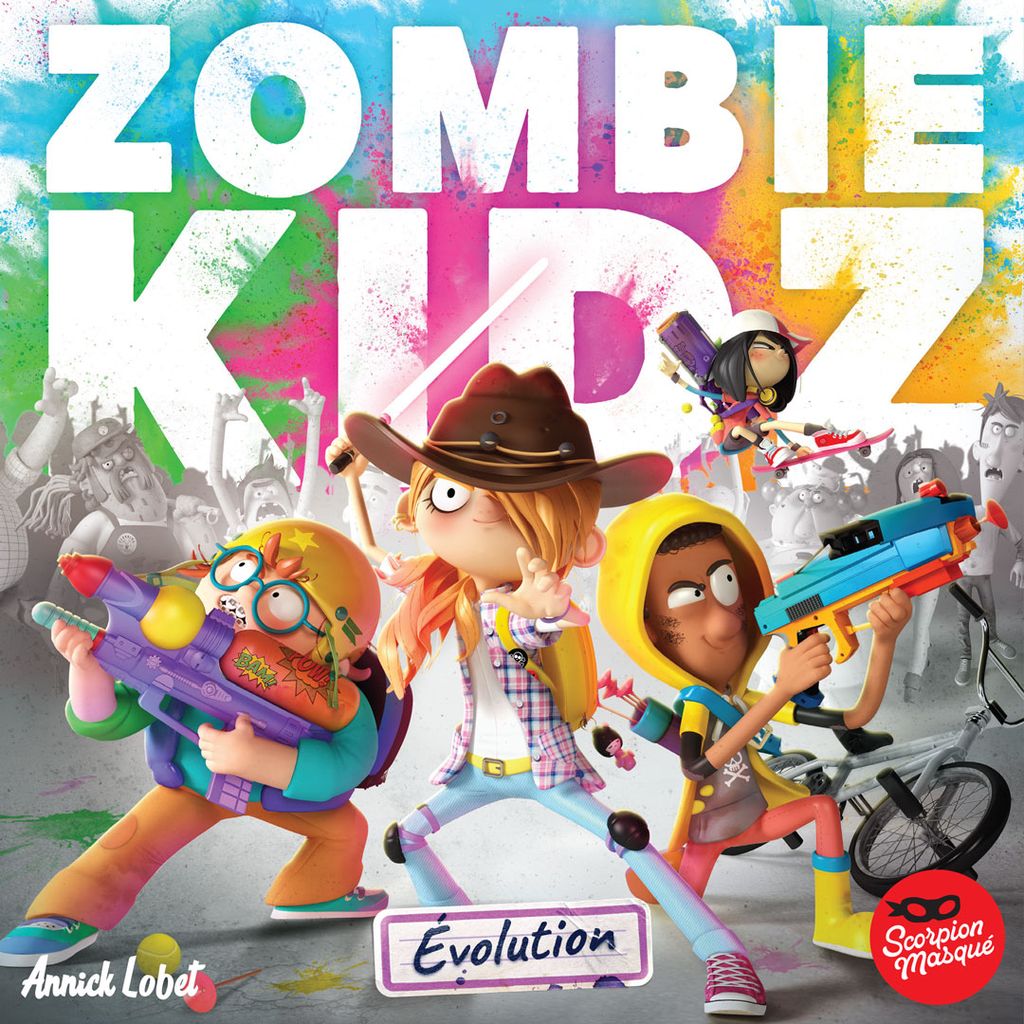 Cartoon kids in vibrant outfits wield toy weapons, facing zombies in the background. Zombie Kidz Evolution by Scorpion Masqué, a cooperative legacy board game for kids, is prominently displayed at the top with brand logos in the corners.