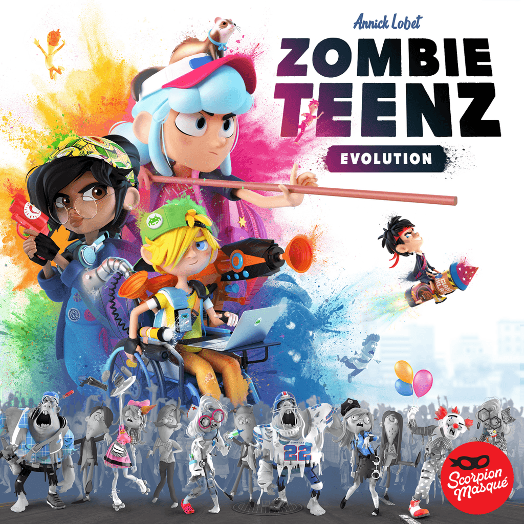 The colorful cover of Zombie Teenz Evolution by Scorpion Masqué features four diverse kids with makeshift weapons facing quirky gray cartoon zombies. The game title and logo appear at the top and bottom right.