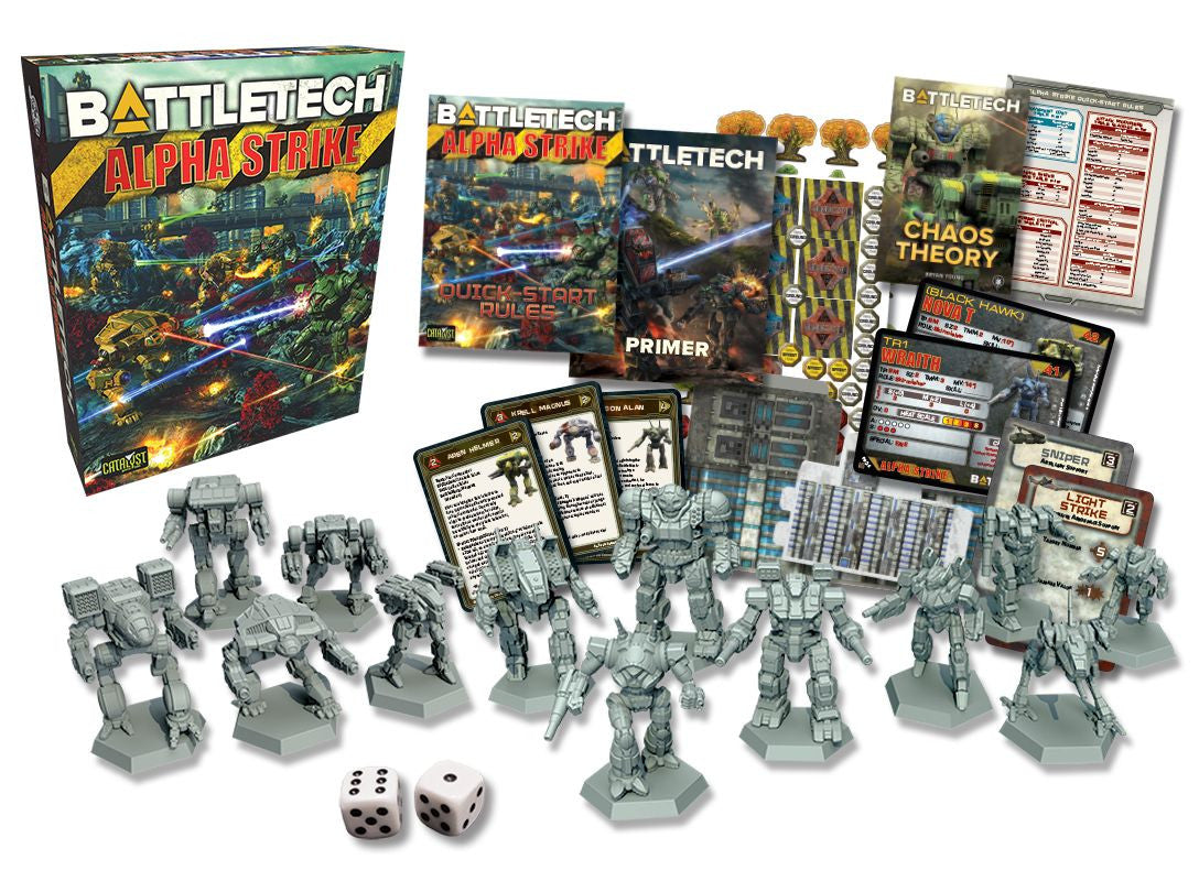 The BattleTech: Alpha Strike Boxed Set by Catalyst Game Labs includes miniatures, dice, rulebooks, cards, tokens, and more components displayed before a box with dynamic BattleMech art.