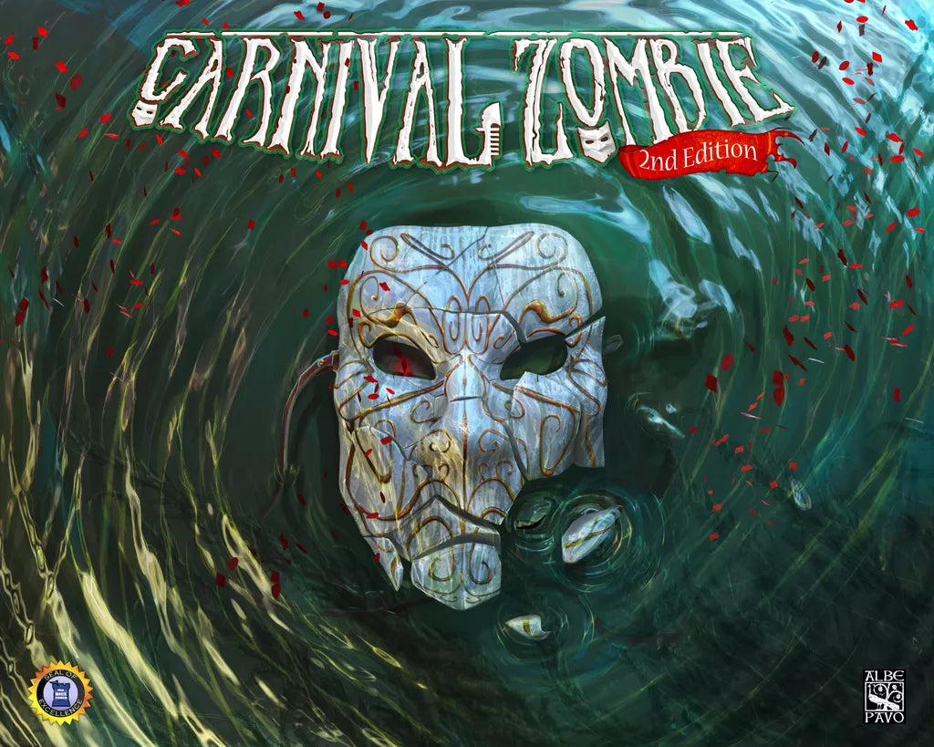 A white ornate mask floats in dark, swirling green water with red flower petals. At the top, “Carnival Zombie: 2nd Edition” by Albe Pavo—an exciting co-operative board game—appears in a stylized font.