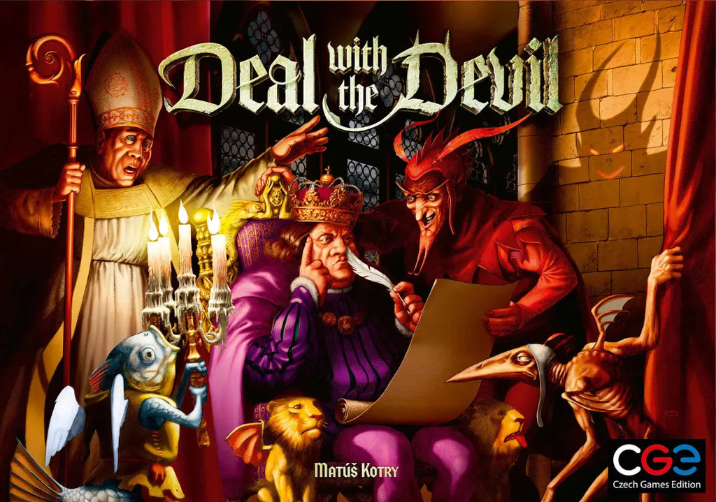 In Deal with the Devil by Czech Games Edition (CGE), a king at his table holds a parchment, with a devilish figure whispering to him and a shocked bishop nearby—strange creatures and lit candles hint at the game’s secret roles and fantasy intrigue.