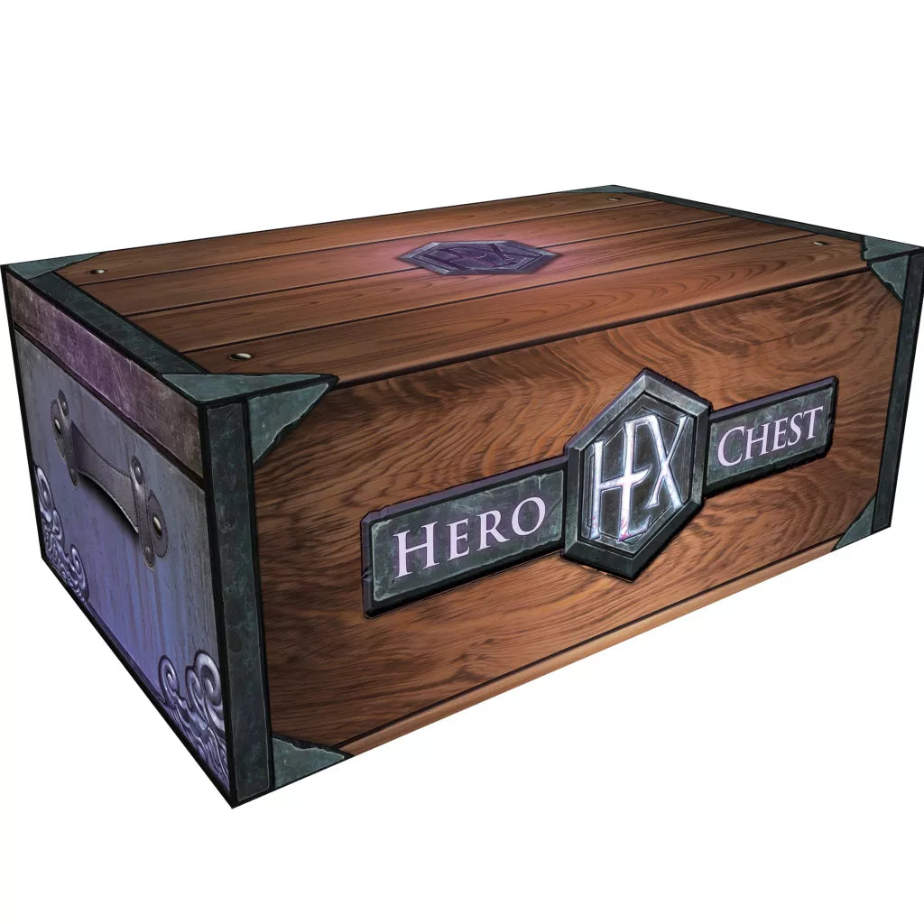 The HEXplore It: Hero Chest by Mariucci J. Designs is a wooden storage chest with metal corners, handles, a glowing emblem, and "Hero Hex Chest" sign—ideal as a card organizer for your tabletop game accessories.