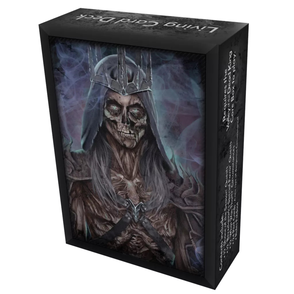 The HEXplore It: The Valley of the Dead King – Living Card Deck by Mariucci J. Designs features dark fantasy art of a skeletal figure with long hair, hood, and spiked crown on a smoky background, inspired by the world of HEXplore It.