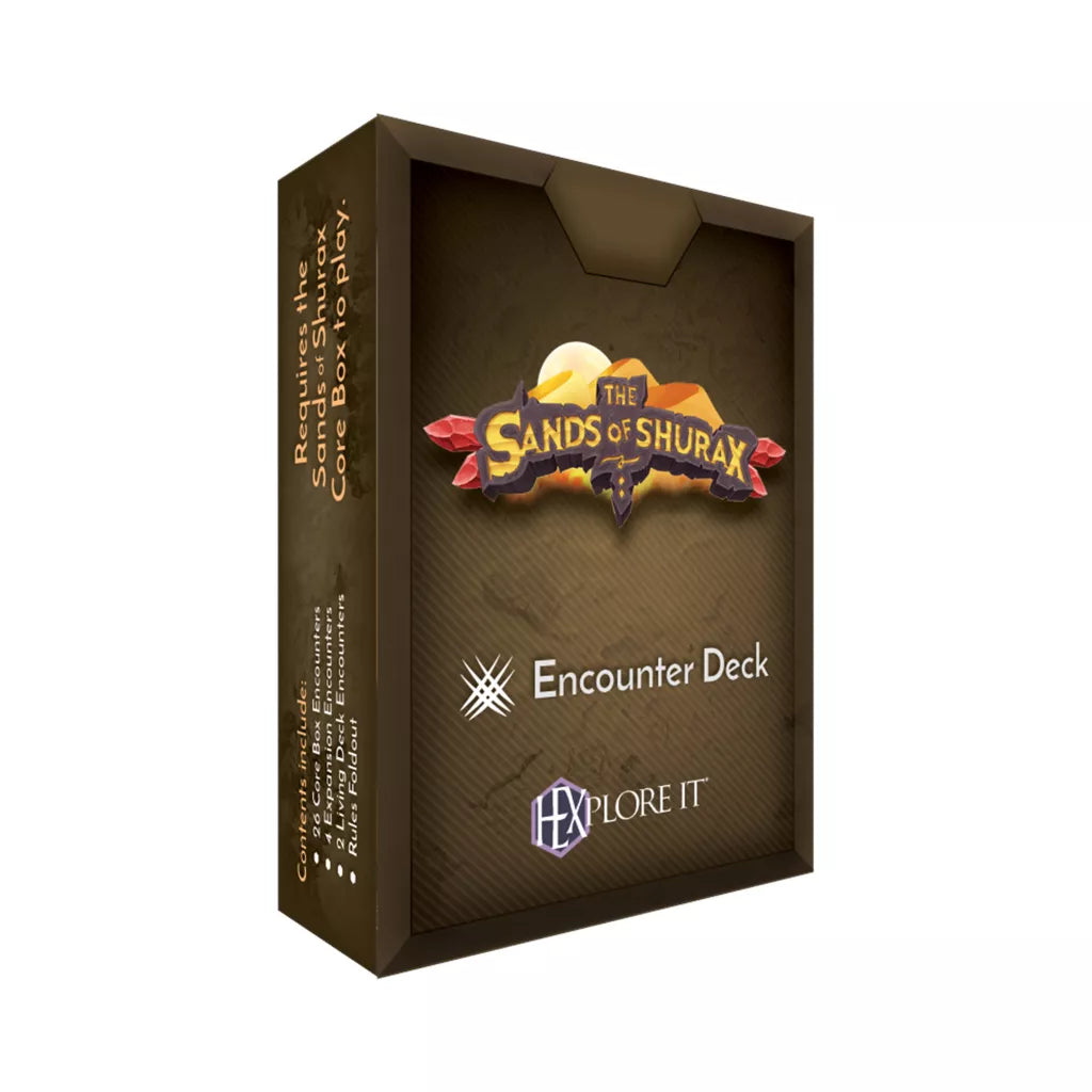 The HEXplore It: The Sands of Shurax – Encounter Deck by Mariucci J. Designs is a boxed, brown desert-themed expansion requiring the core box to play.