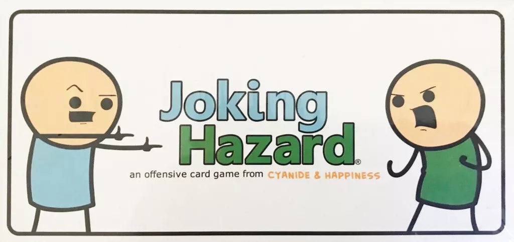 Two comic characters face off: the left one points while speaking, the right looks angry. Text: Joking Hazard, a party card game by Breaking Games.