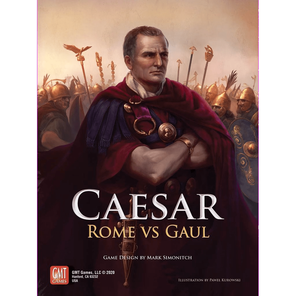 A stern, armored Roman leader in a red cloak stands confidently before his troops. The text reads "Caesar: Rome vs. Gaul," a two-player card-driven game by GMT Games.