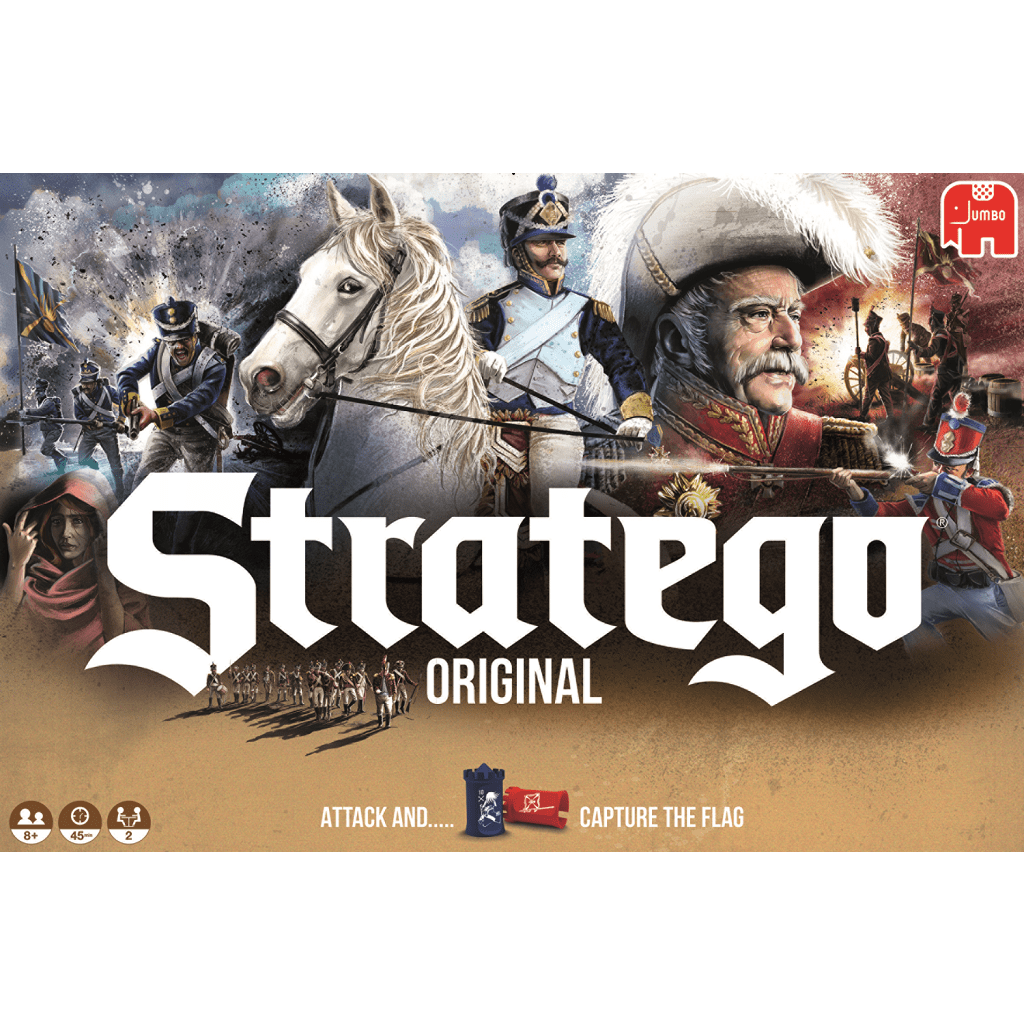 The Jumbo Stratego Original box cover displays bold artwork of military figures, soldiers, a white horse, and vivid battle scenes, with the title "Stratego Original" in the center—inviting players to capture the flag.