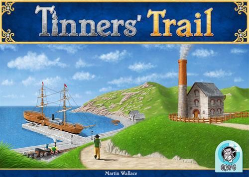 Board game cover for Tinners' Trail NL by Quined White Goblin Games, depicting 19th-century Cornwall with a coastal scene: docked ship, steam train, mine buildings, smoking chimney, green hills, walker. Title and designer shown.