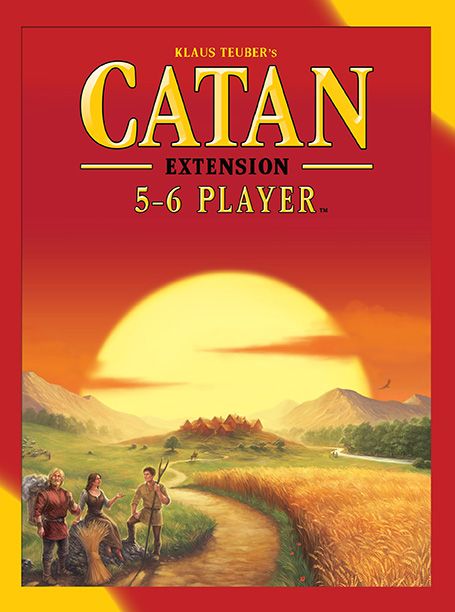 The Catan Studio Catan: 5-6 Player Extension box cover features three settlers in a rural scene with wheat fields, hills, and a setting sun. The title is shown at the top, suggesting expanded gameplay for more players and extra building rounds.