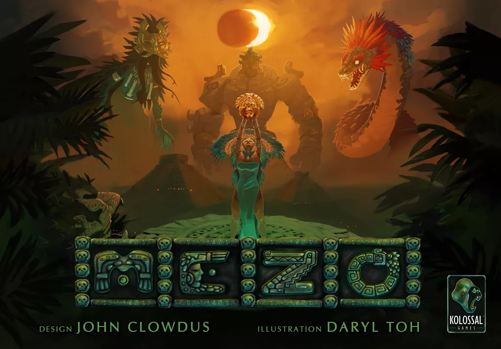 A dramatic scene from Mezo by Kolossal Games shows a figure in ornate garb facing three giant mythical creatures under a solar eclipse. The decorated title credits creators John Clowdus and Daryl Toh below.