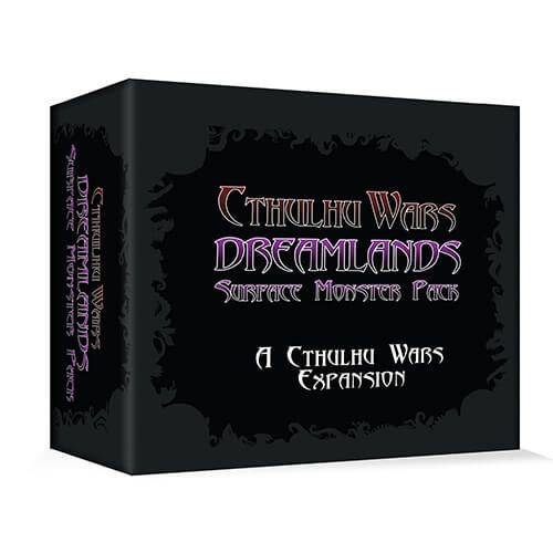 A black game box titled Cthulhu Wars: The Dreamlands Surface Monster Pack from Petersen Games features decorative borders and the subtitle "A Cthulhu Wars Expansion" in white and purple text.
