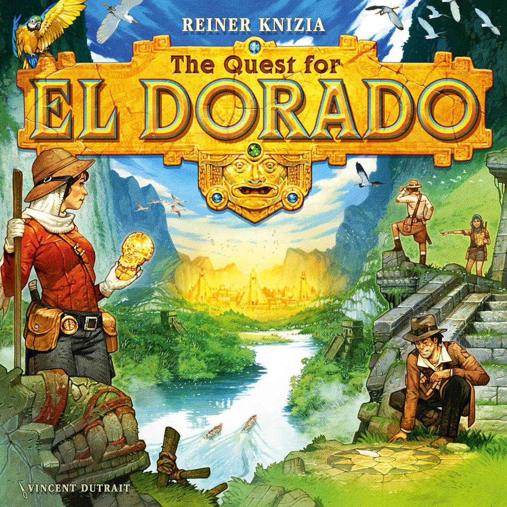 Adventurers in explorer gear trek through a vibrant jungle toward a golden city, led by Ravensburger’s The Quest for El Dorado EN/FR (2023 Edition). One holds a glowing artifact as others explore ancient ruins in this exciting board game scene.