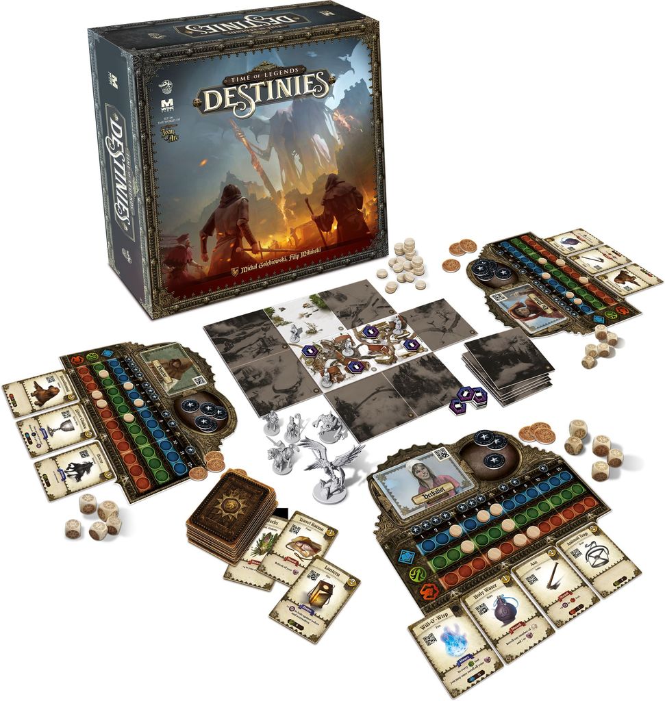 The box and components of Destinies by Lucky Duck Games—a medieval fantasy board game—featuring player boards, cards, tokens, dice, map tiles, rulebook, and miniatures arranged neatly on a white surface.