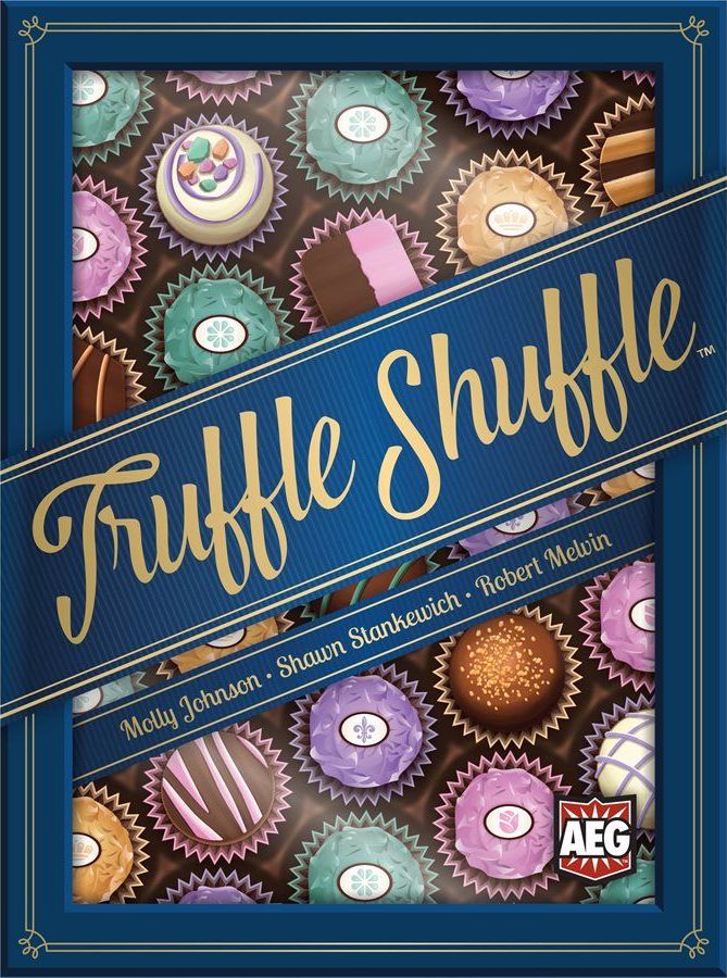 Box cover for Truffle Shuffle by Alderac Entertainment Group features illustrated chocolate truffles in colorful wrappers, the title in bold gold script, designer names at the bottom, and the AEG logo in the lower right corner.