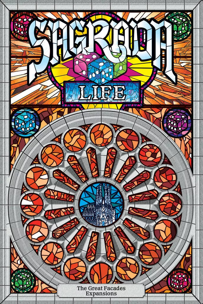 The cover art for Sagrada: The Great Facades – Life Expansion by Floodgate Games features colorful dice, vibrant geometric patterns, a circular cathedral window, and the text Sagrada: Life and The Great Facades Expansions.