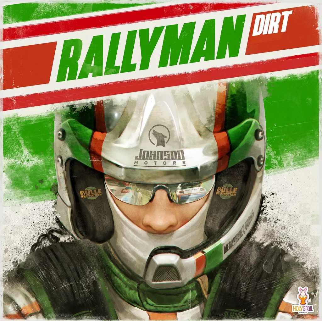 Close-up of a race car driver with a green, white, and red helmet featuring the Holy Grail Games logo, reflective visor, and headset. Bold "Rallyman: DIRT" text highlights this thrilling roll-and-move rally racing game.