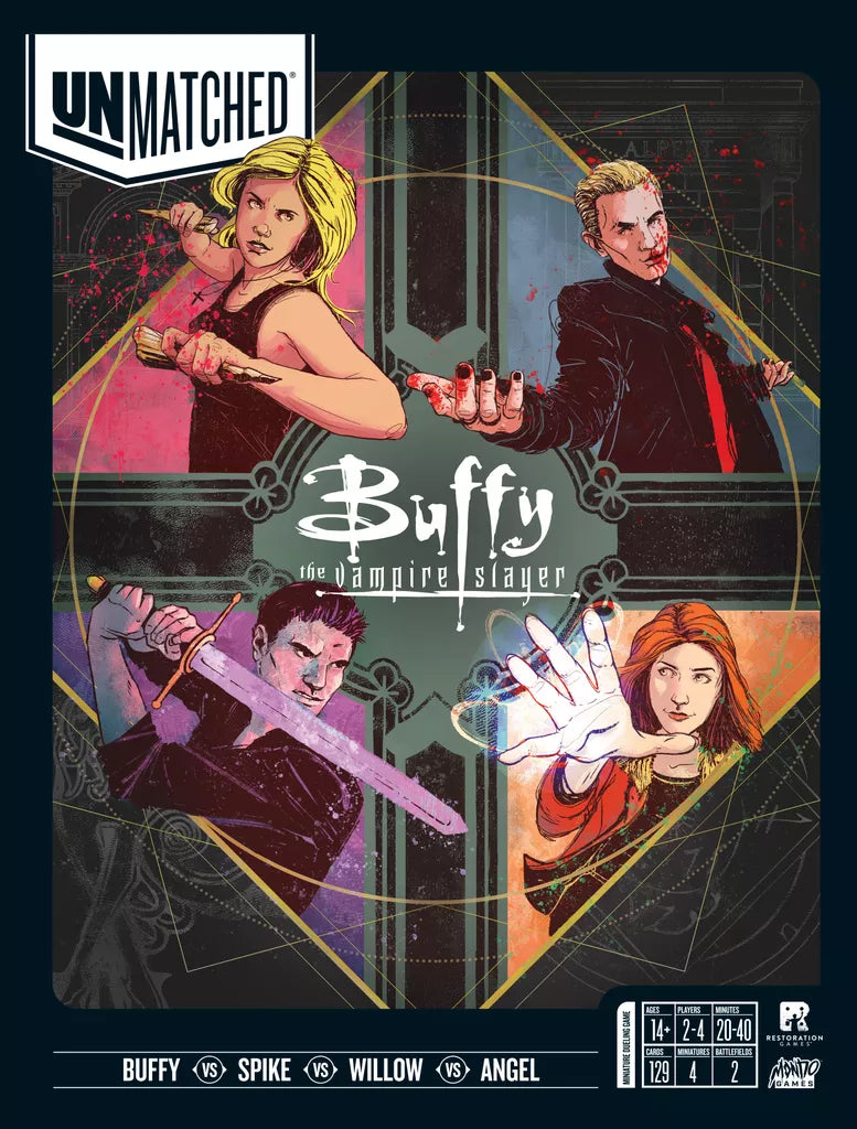 Dynamic illustration of Buffy, Spike, Willow, and Angel from Unmatched: Buffy the Vampire Slayer by Mondo Games, each showing their weapons or powers against a stylized backdrop. Features the Unmatched logo at the top.