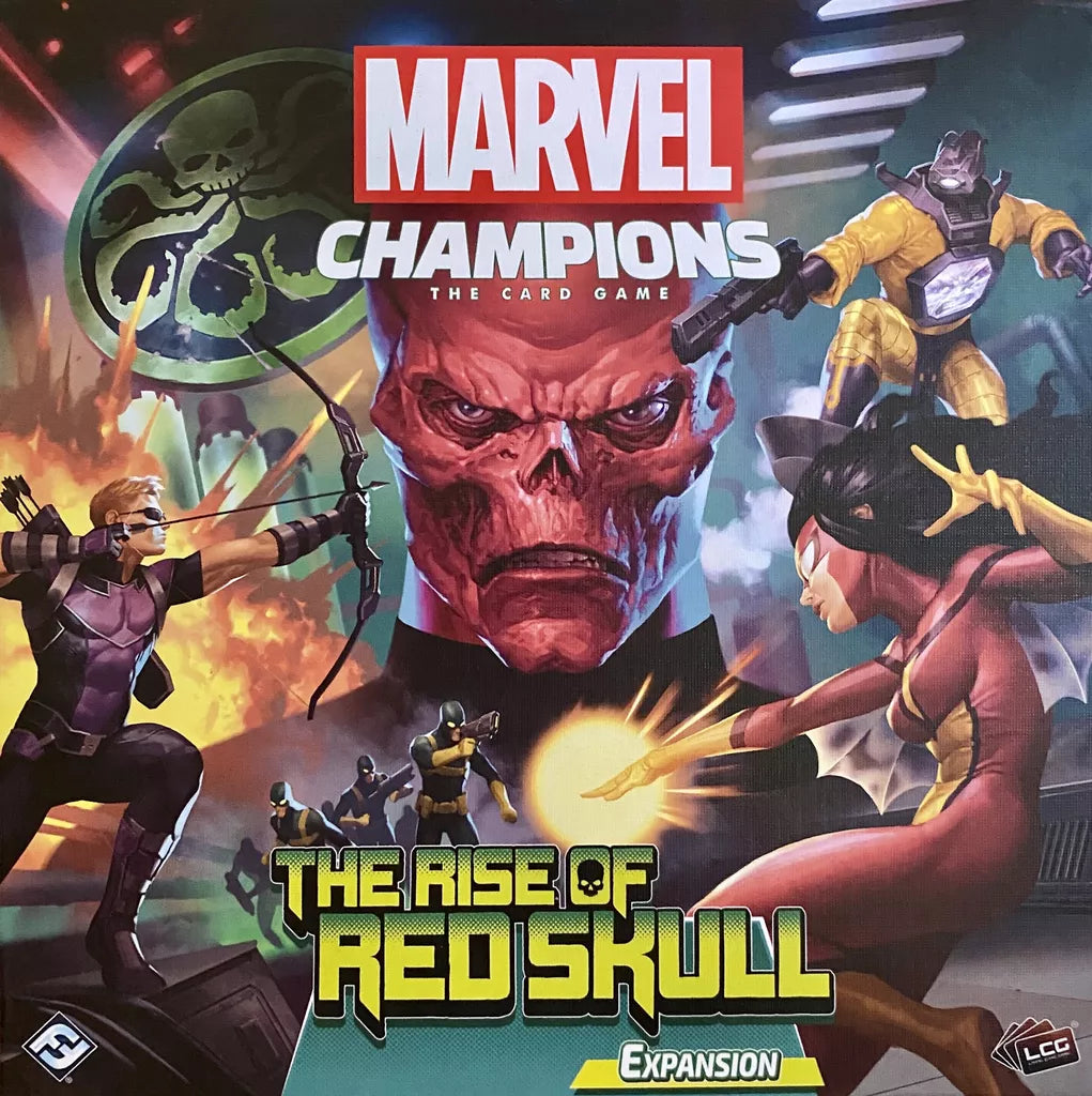 Box art for Marvel Champions: The Card Game – The Rise of Red Skull by Fantasy Flight Games, showing Red Skull at the center, flanked by superheroes and villains in action poses with the Hydra emblem in the background.