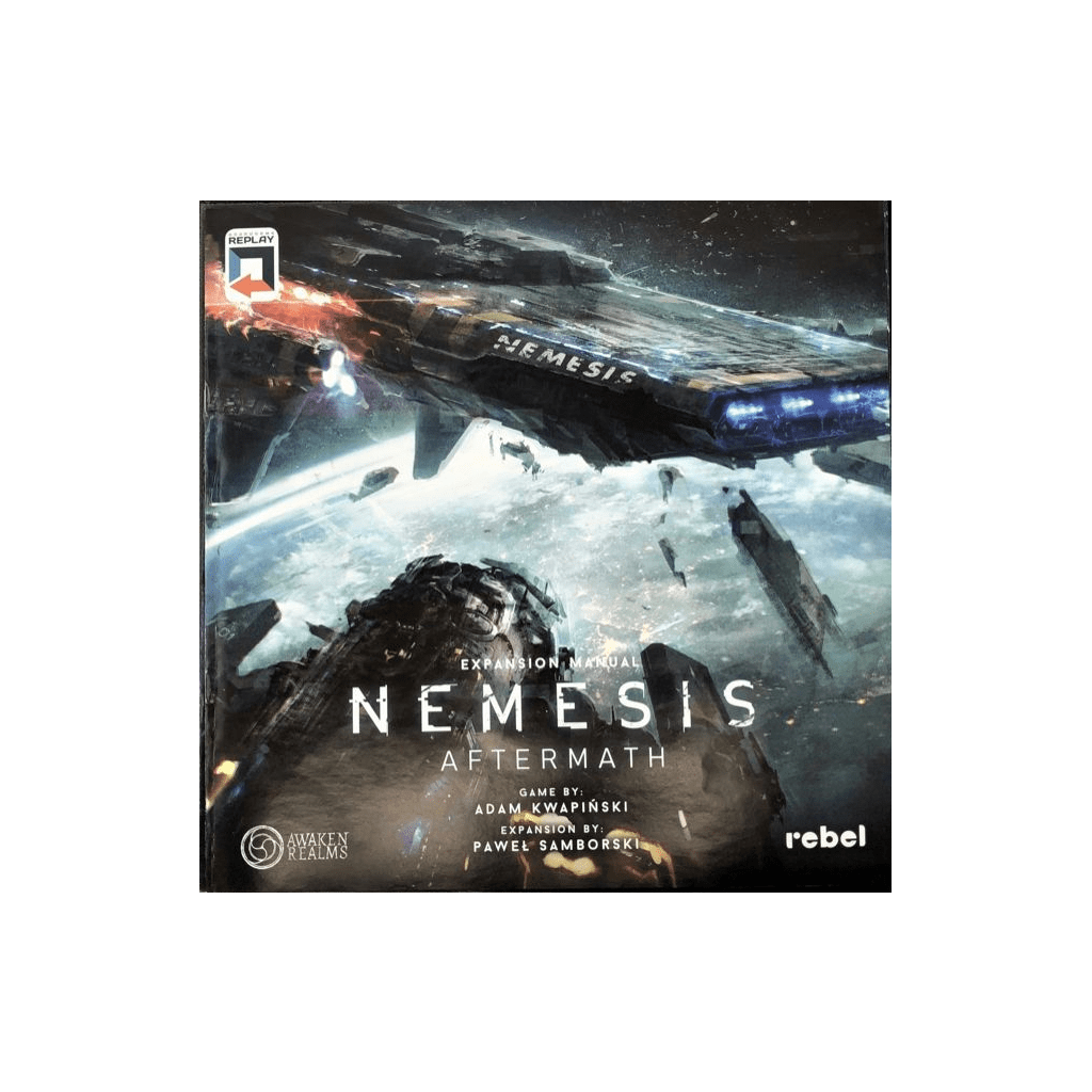 Box cover of Nemesis: Aftermath Expansion by Awaken Realms, showing the Nemesis spaceship in space amid damage. The cover displays the game's title and creators, hinting at new challenges and Epilogue Mode content.