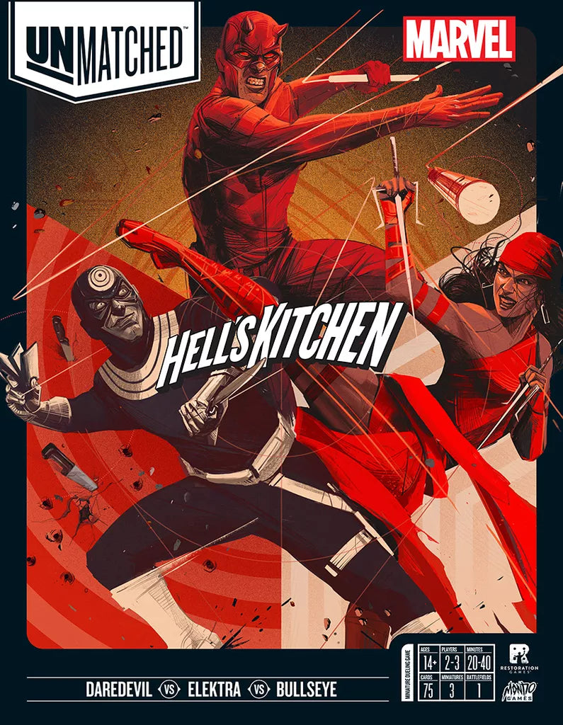 Comic-style illustration featuring Daredevil, Elektra, and Bullseye in action with "Hell's Kitchen" across the center. Unmatched and Restoration Games logos on top—perfect for fans of the Unmatched: Hell's Kitchen board game.