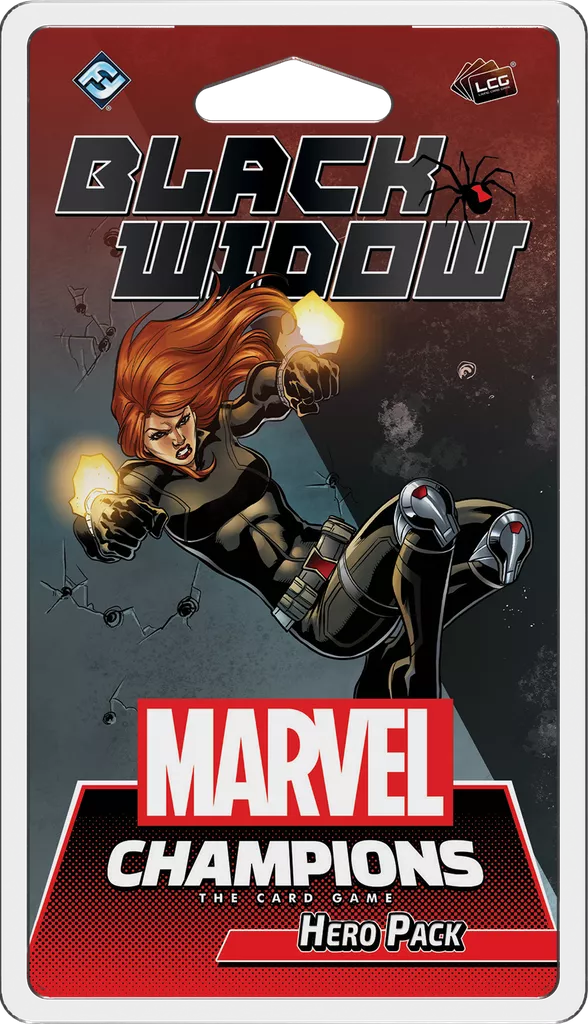 Packaging for the Marvel Champions: The Card Game – Black Widow Hero Pack by Fantasy Flight Games showcases Black Widow in action and is ideal for Marvel Universe deck-building fans. The Marvel logo and game title appear below.