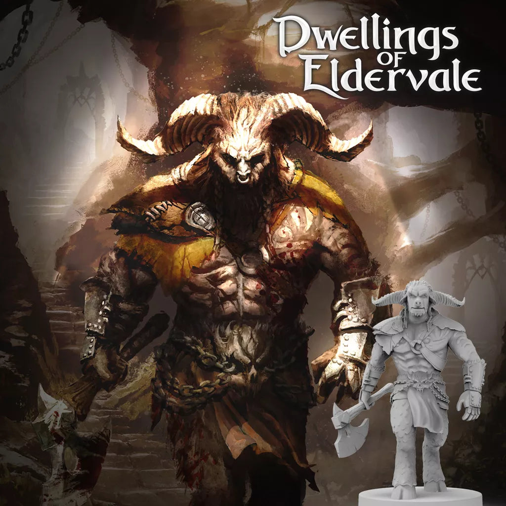 The Dwellings of Eldervale: Minotaur Mercenary Miniature by Breaking Games features a horned, armored Minotaur wielding an axe, posed before dramatic fantasy artwork of the creature. Text displays "Dwellings of Eldervale.