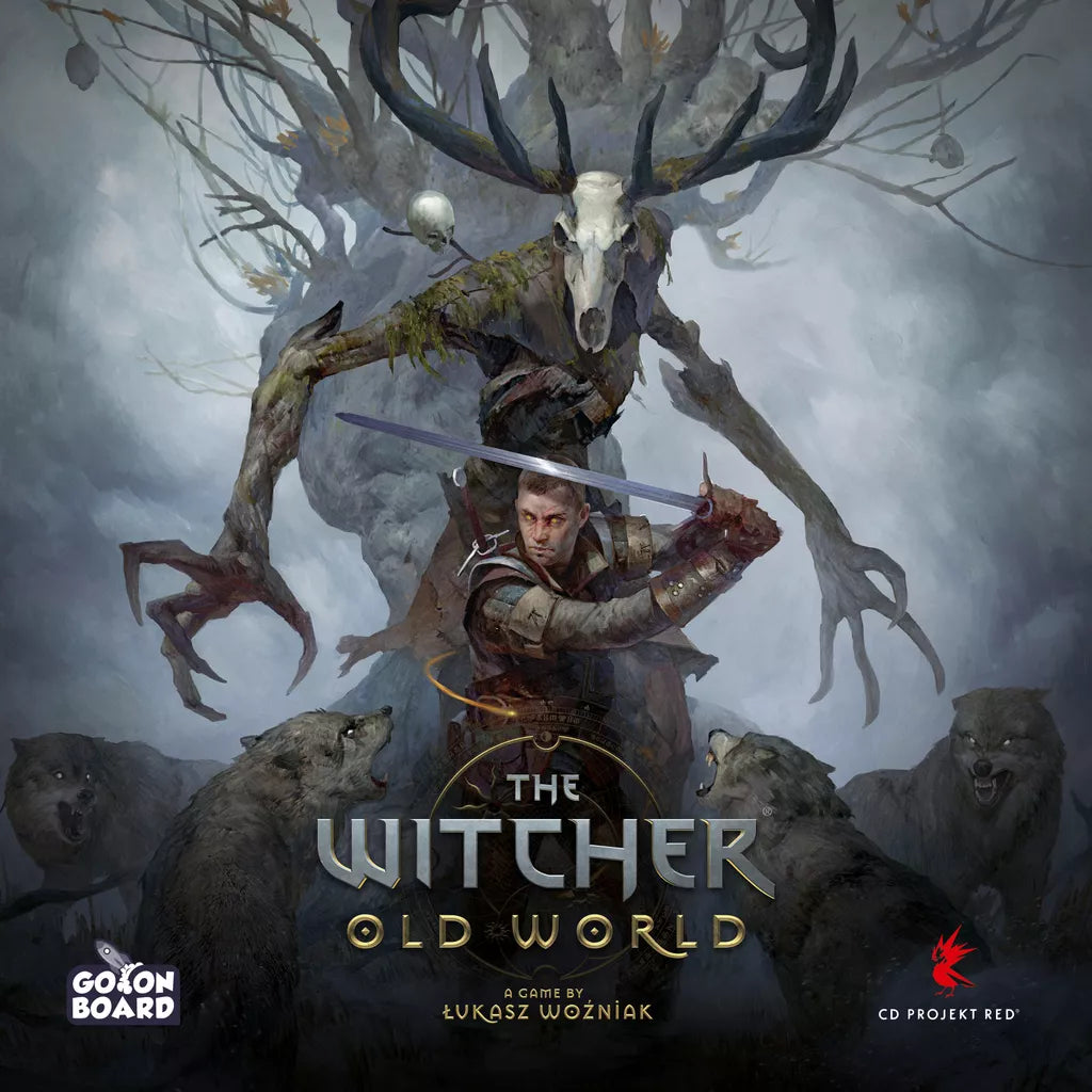 A sword-wielding warrior faces circling wolves, with a horned, skull-faced monster behind him. At the bottom is "The Witcher: Old World Deluxe Edition" by CD Projekt RED—an epic adventure board game with detailed monster miniatures.