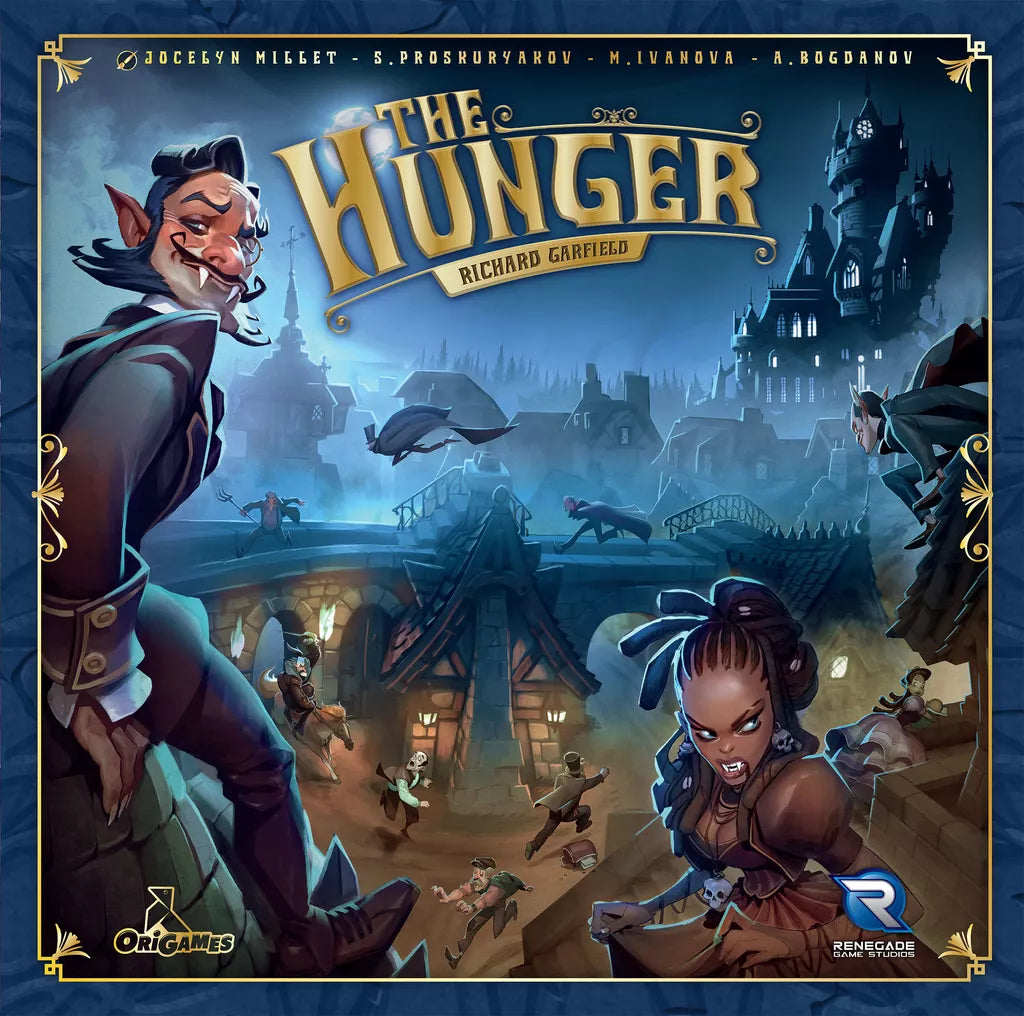 The cover art for The Hunger by Origames features vampires with glowing eyes prowling a gothic town at night, dramatic scenes, and the ornate deck-building game title.