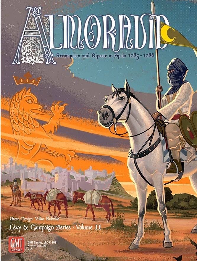 A mounted warrior in traditional armor rides before a medieval city, lance raised and cavalry behind. A golden lion emblem shines above. Almoravid: Reconquista and Riposte in Spain 1085-1086 by GMT Games, a Levy & Campaign Series board wargame.