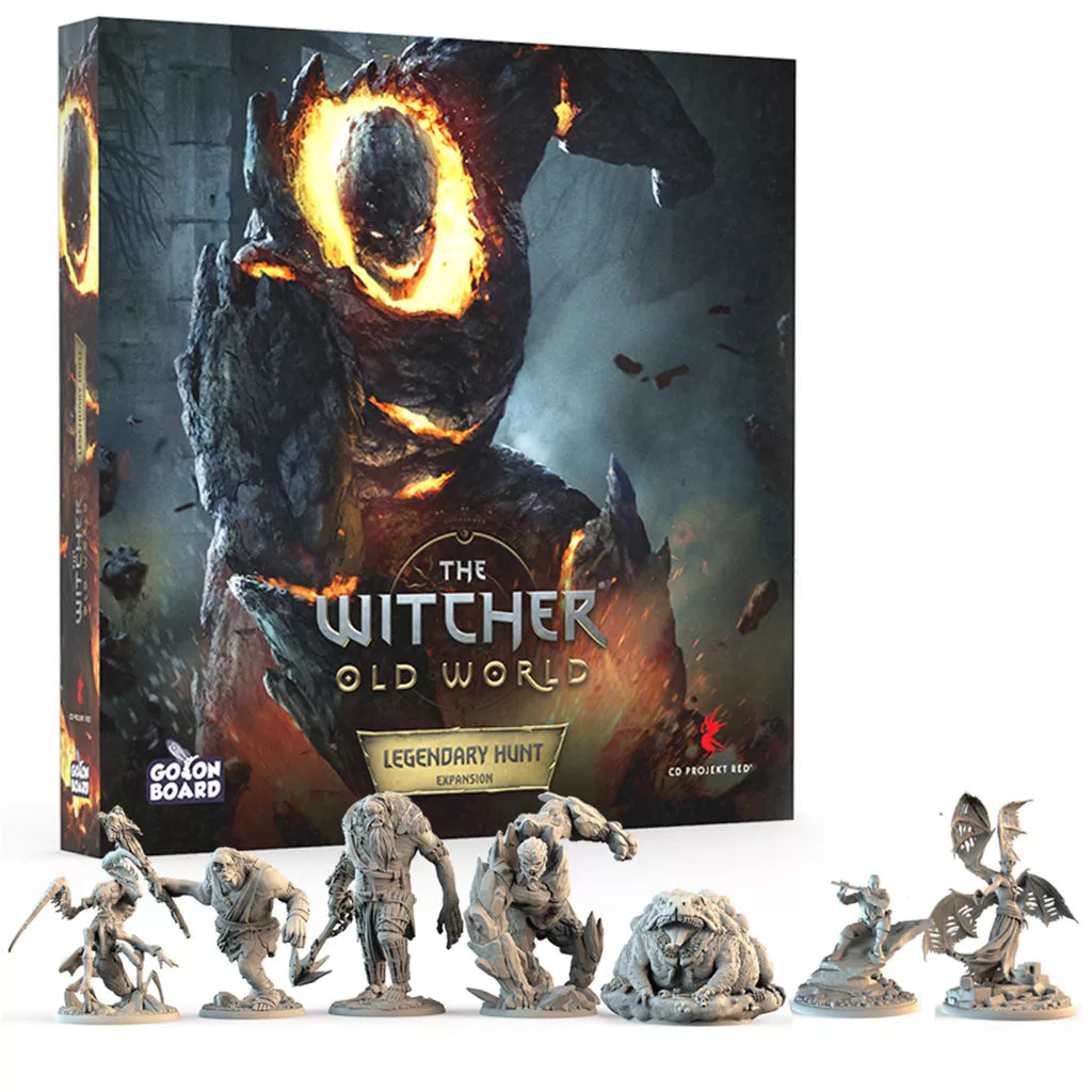 The Witcher: Old World – Legendary Hunt Expansion by CD Projekt RED features box art with a fiery Legendary Monster and includes seven detailed gray monster miniatures displayed in front of the box.