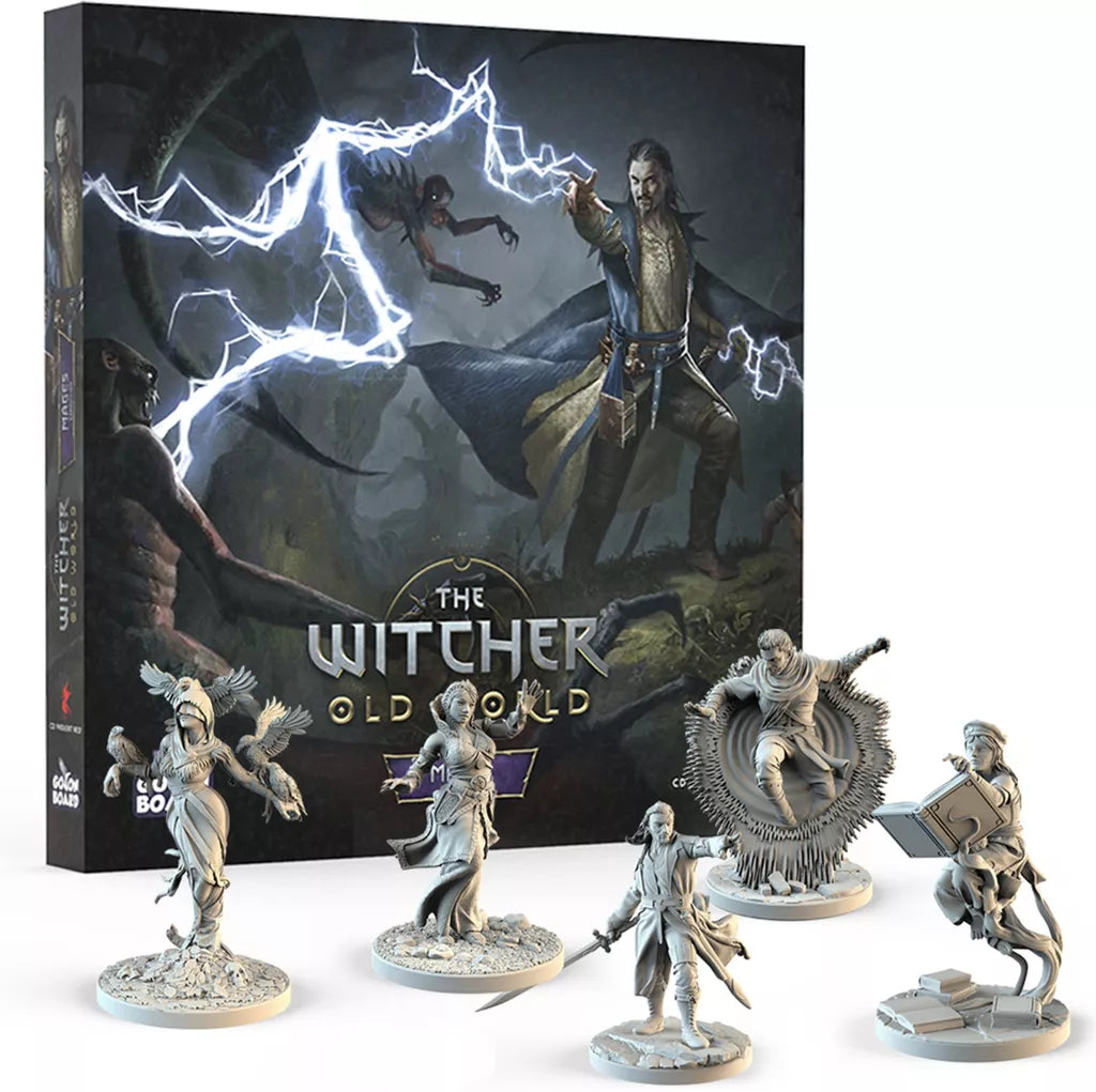 The Witcher: Old World – Mages Expansion by CD Projekt RED features five detailed unpainted mage figures posed in front of the fantasy art box from The Witcher: Old World board game.