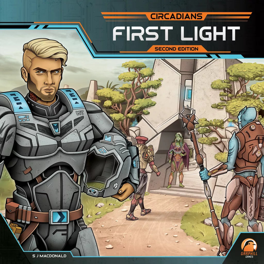 A blond man in futuristic armor holds a helmet before an angular alien building with trees as three colorful aliens approach. Text: Circadians: First Light (Second Edition), a sci-fi board game by Renegade Game Studios.