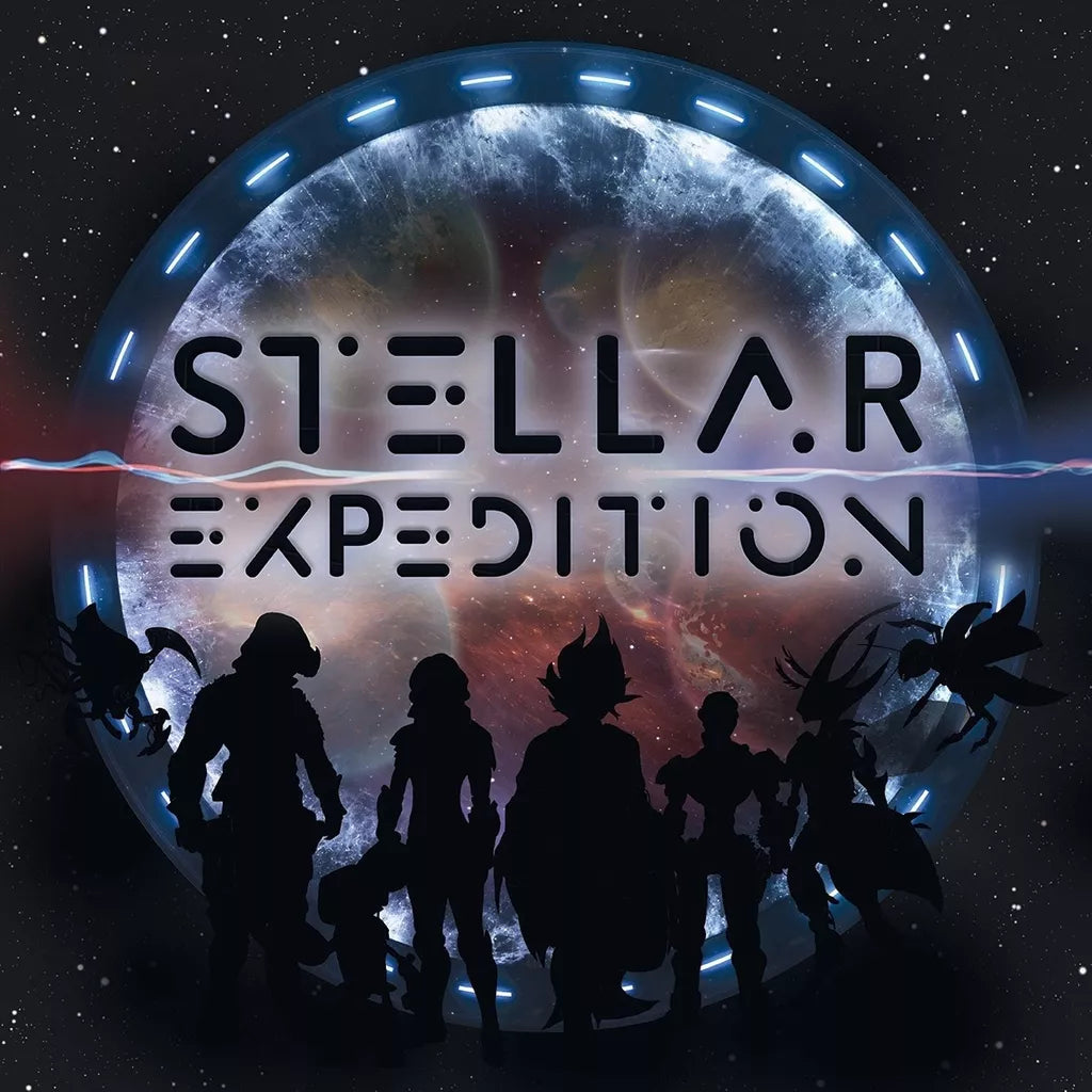 A glowing space portal with “Stellar Expedition” shines before a planet as six diverse silhouettes stand ready to recruit crew for Wulfhorn Games’ epic space exploration board game, set against a starry cosmic background.