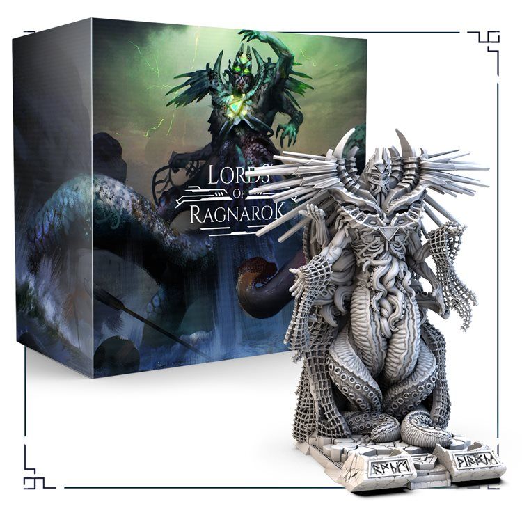 A detailed Nagflar figurine with tentacles and spiky armor sits before the Awaken Realms Lords of Ragnarok: Seas of Aegir box, which showcases dark fantasy art of a multi-armed creature amid lightning.