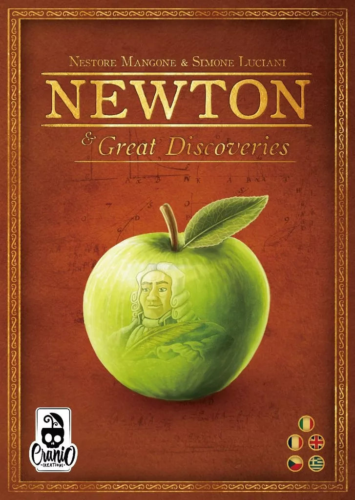 Cover of Newton & Great Discoveries by Cranio Creations, showing a green apple engraved with Isaac Newton’s face on a brown background with gold text, scientific sketches, publisher logo, and international flags.
