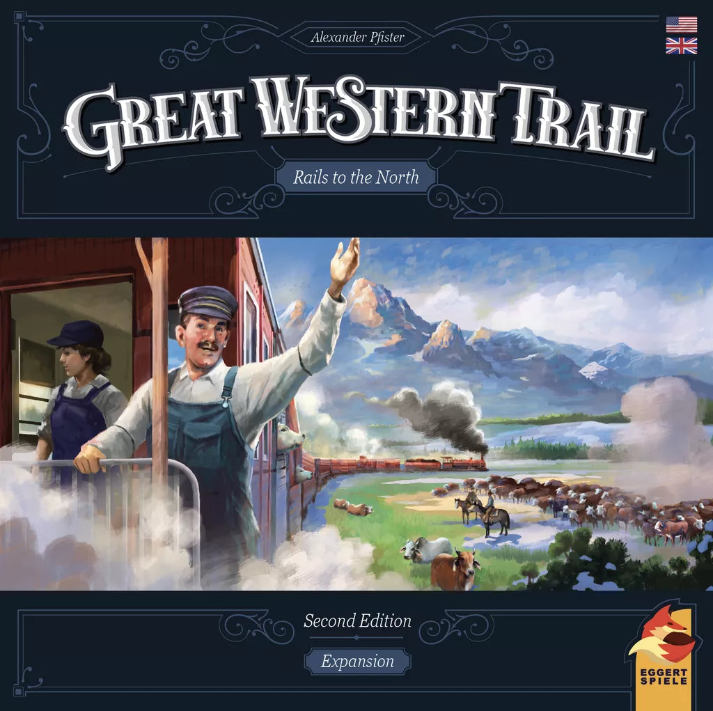 A cheerful conductor waves from a red railcar as a train travels through mountains, cattle, and riders in the Great Western Trail: Rails to the North Expansion (Second Edition) by Eggert Spiele.