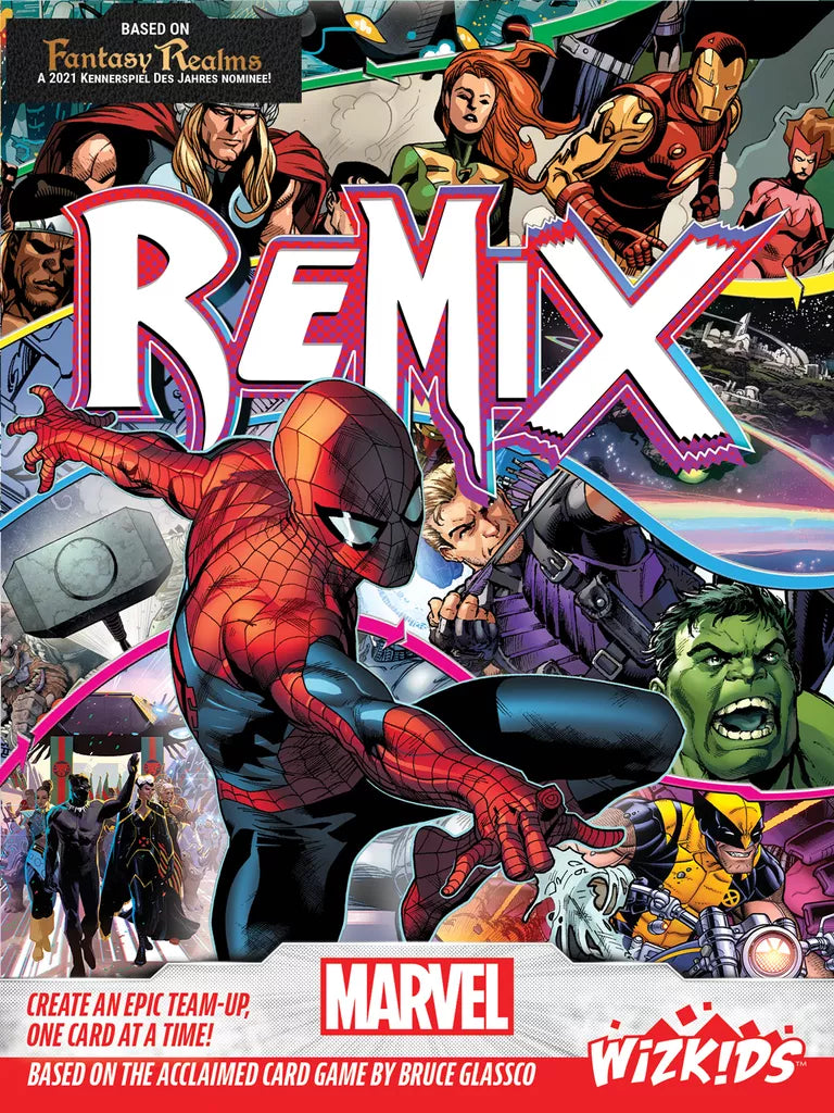 Comic-style cover shows Spider-Man at the center with Iron Man, Thor, Captain Marvel, Wolverine, and Hulk. The bold "REMIX" title makes this WizKids' Marvel: Remix board game a must-have for Marvel fans!.