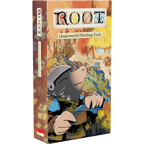 Box of the Root: Underworld Hirelings Pack by Leder Games, a board game expansion featuring colorful art of an armored mole with a spade in a lively forest scene.