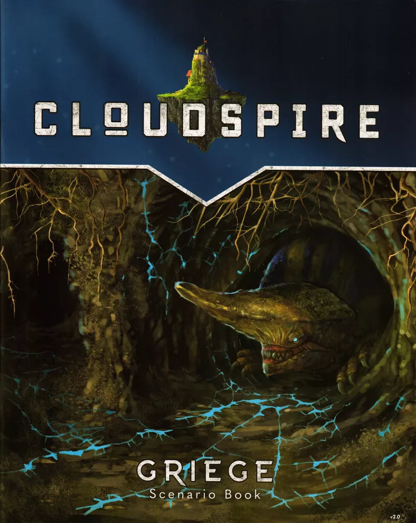 Cover of the Cloudspire: Griege – Faction Expansion by Chip Theory Games, showing a giant Griege creature with glowing eyes in an underground tunnel, spawn points under roots, glowing blue cracks, and a floating island above.