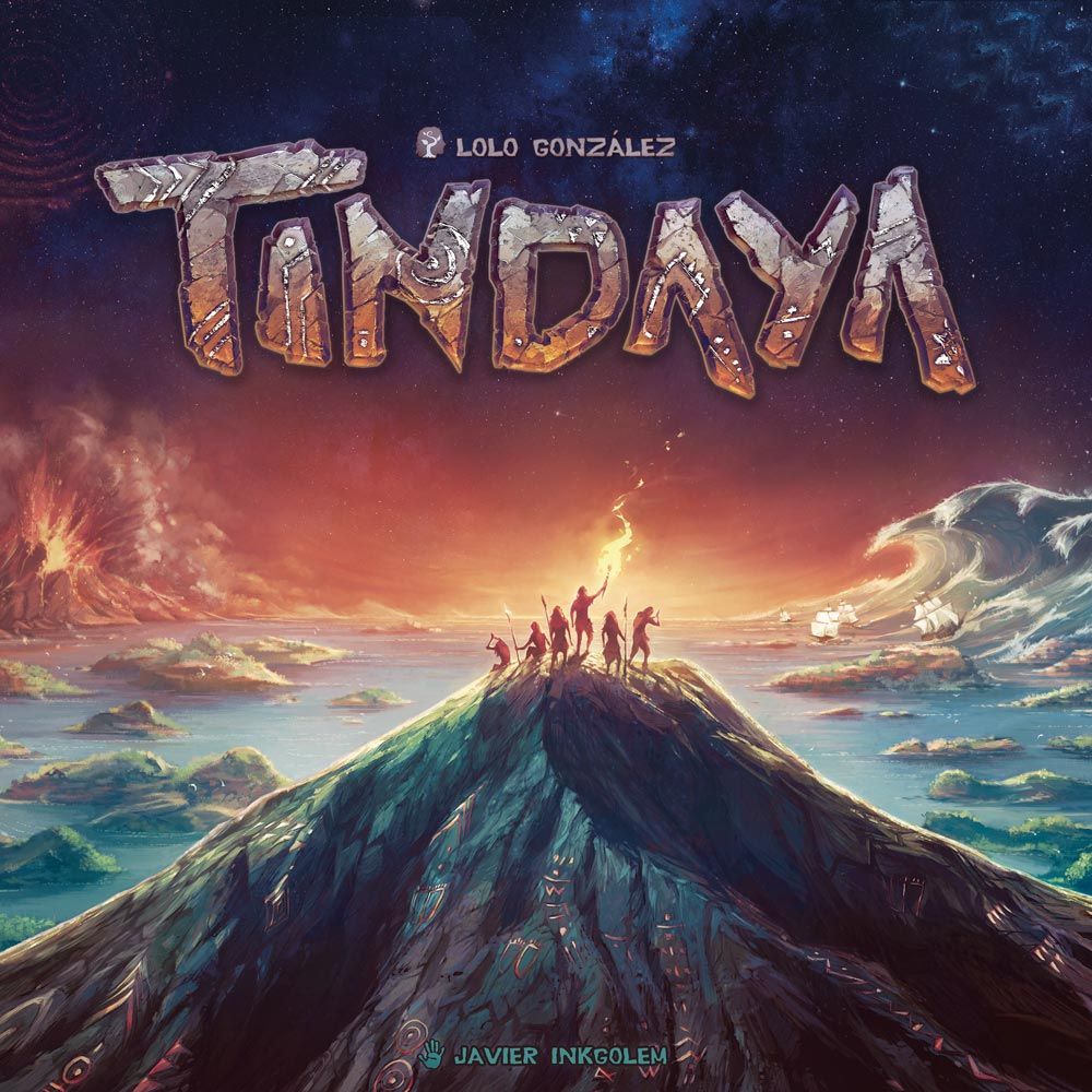 A group stands on a mountain peak, gazing at an island with erupting volcanoes and giant waves. The title "Tindaya" by Red Mojo appears in large stone-like letters above this dramatic survival adventure landscape.