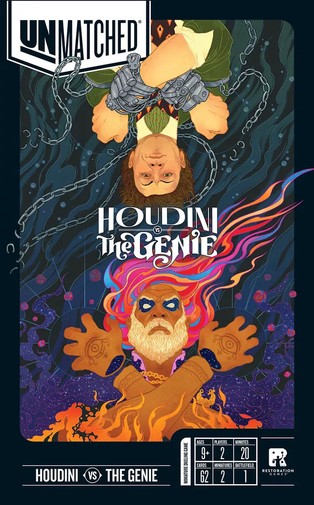 The box art for Unmatched: Houdini vs. The Genie by Restoration Games features Houdini upside down in chains atop a magical genie with crossed arms and swirling smoke, with the game stats and logo displayed below.
