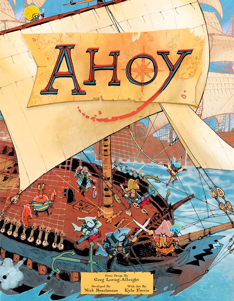 The illustrated cover of Ahoy by Leder Games features animal pirates battling on a ship at sea, with a bold AHOY banner overhead and other ships in the background, reflecting the adventurous spirit of this swashbuckling board game.